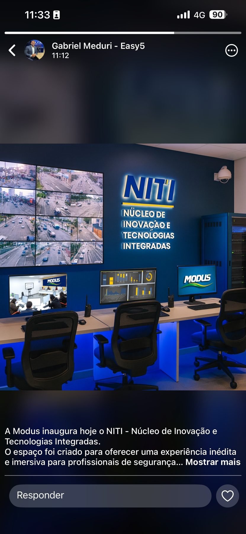Sala de controle NITI com videowall de câmeras